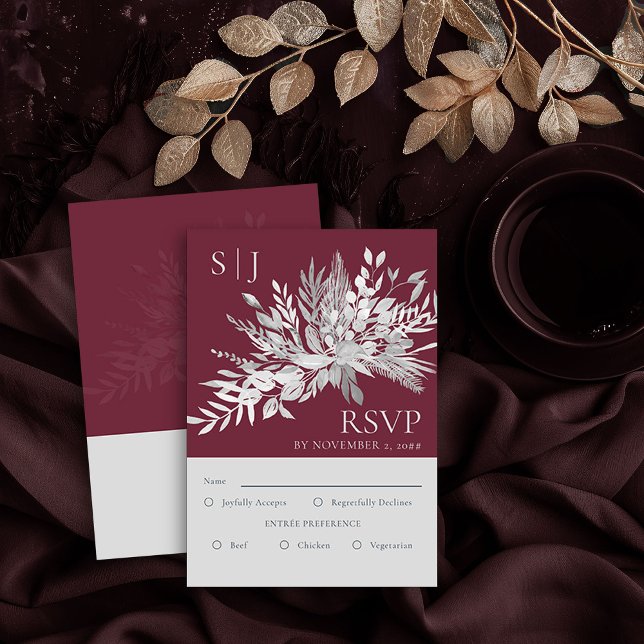 Botanical Monogram Burgundy Wedding Entree RSVP Card (RSVP Card with Entree Choice in Burgundy and Grey from the Foliage Duet Collection by Darling & May)