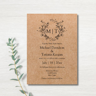 botanical monogram classic script kraft wedding  invitation