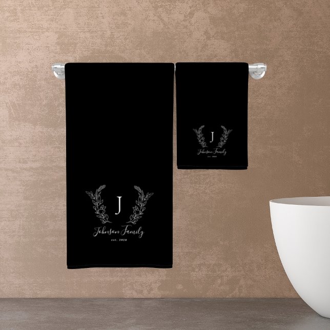 Botanical monogram elegant family name black bath towel set (Creator Uploaded)