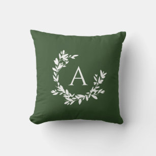 Botanical Monogram Initial Forest Hunter Green Throw Pillow