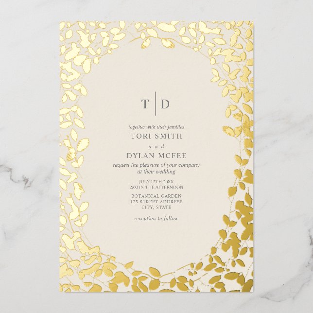 Botanical Monogram Initials Off White Wedding Foil Invitation (Front)