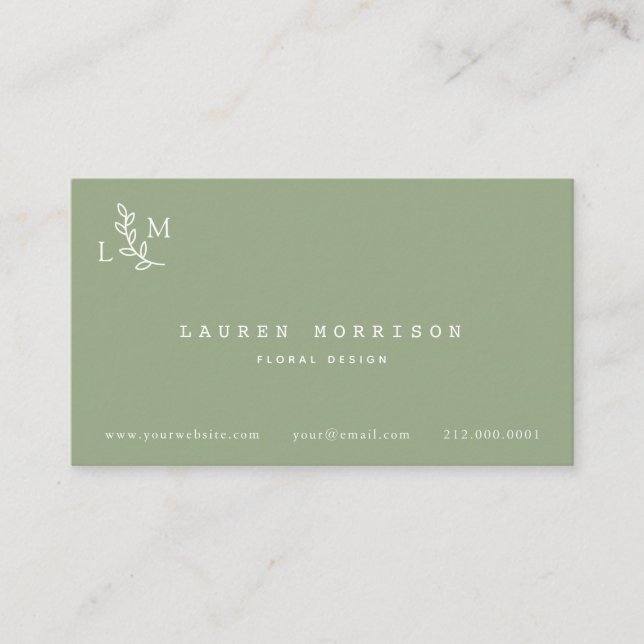Botanical Monogram Laurel Green Business Card (Front)