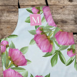 Botanical Monogram Pretty Pink Garden Peonies Apron<br><div class="desc">Pretty pink peonies bouquet, Inspired by all the pink peonies that bloom in June. This beautiful design depicts a gentle fragrant pink peonies. Just picked it from a summer flower garden. Botanical, Natural, and fragrant. This design is ideal for any garden and perennial enthusiast. Bright pink and pale pink hues...</div>