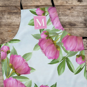 Botanical Monogram Pretty Pink Garden Peonies Apron