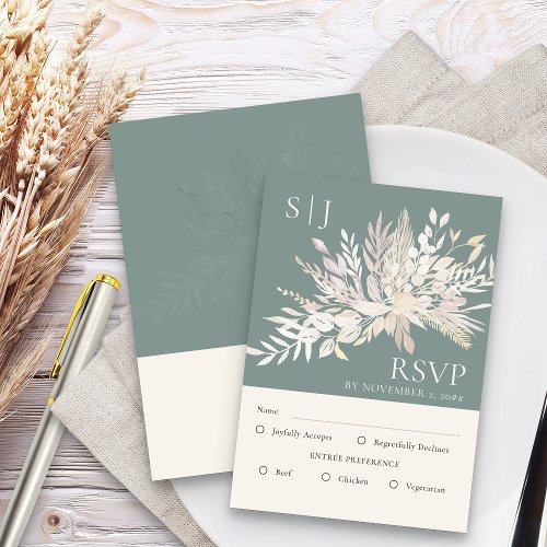 Botanical Monogram Sage Green Wedding Entree RSVP Card
