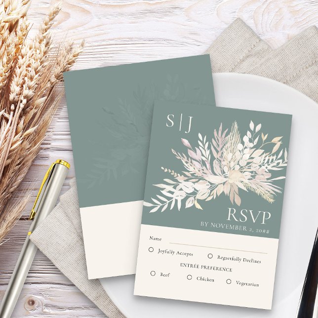 Botanical Monogram Sage Green Wedding Entree RSVP Card (Sage Green Elegant RSVP card with entree options - Foliage Duet wedding collection)