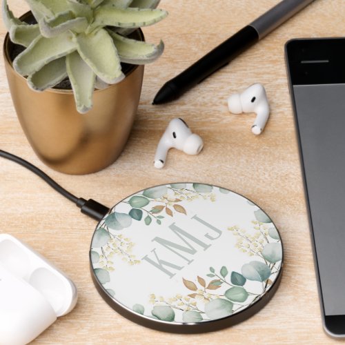 Botanical Monogram Stylish Simple Sage Greenery  Wireless Charger