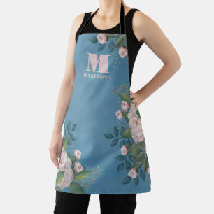 Botanical Monogram Vintage Pink Rose Floral Blue Apron