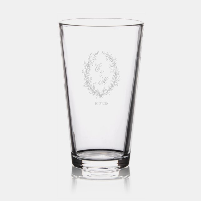 Botanical Monogram Wreath Wedding Pint Glass (Glassware)