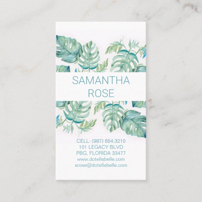 Botanical Monstera Palm Leaves Watercolor Business Card (Front)