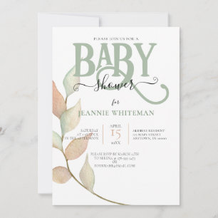 Botanical Moss & Peach BABY SHOWER Invitation