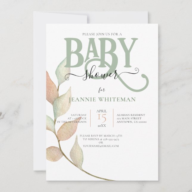 Botanical Moss & Peach BABY SHOWER Invitation (Front)