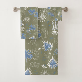 Botanical Moss Print blue and green Bath Towel Set