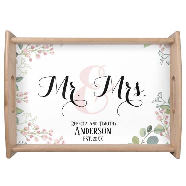 Botanical Mr and Mrs Personalized Wedding Gift Serving Tray (Front)