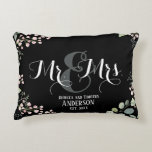 Botanical Mr Mrs Personalized Black Wedding Accent Pillow<br><div class="desc">This elegant lumbar pillow has delicate botanical flowers and foliage on a black background. With the words Mr. and Mrs. in an elegant calligraphy text, it makes the perfect wedding gift for the newly weds to decorate their home with. Easily personalize with the couple's names and established year to make...</div>