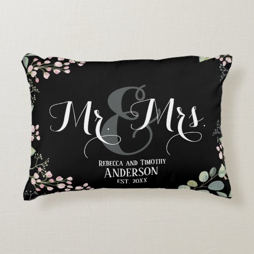 Botanical Mr Mrs Personalized Black Wedding Accent Pillow