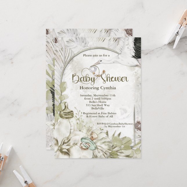 Botanical Natural Baby Shower Invitation (Front/Back In Situ)