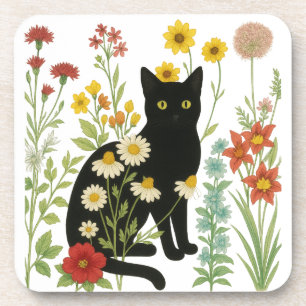 Botanical Nature – Black Cat in Wildflower Garden Beverage Coaster