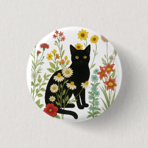  Botanical Nature – Black Cat in Wildflower Garden Button