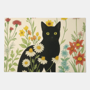 Botanical Nature – Black Cat in Wildflower Garden Doormat