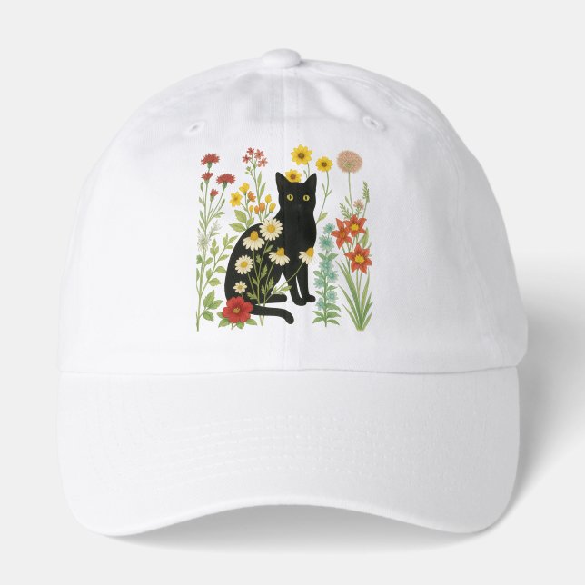  Botanical Nature – Black Cat in Wildflower Garden Hat (Front)