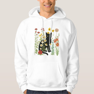  Botanical Nature – Black Cat in Wildflower Garden Hoodie
