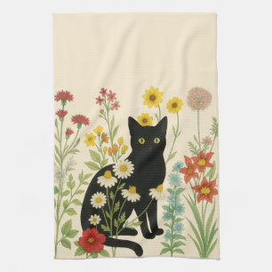 Botanical Nature – Black Cat in Wildflower Garden Kitchen Towel