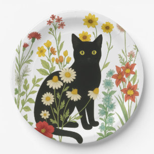 Botanical Nature – Black Cat in Wildflower Garden Paper Plates