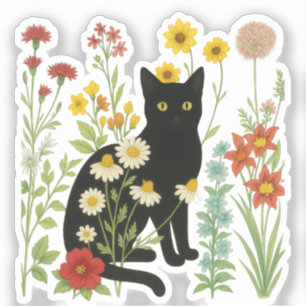 Botanical Nature – Black Cat in Wildflower Garden Sticker