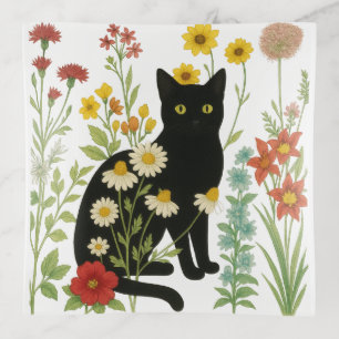 Botanical Nature – Black Cat in Wildflower Garden Trinket Tray