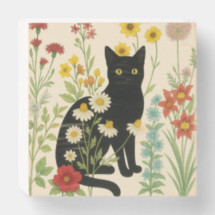 Botanical Nature – Black Cat in Wildflower Garden Wooden Box Sign