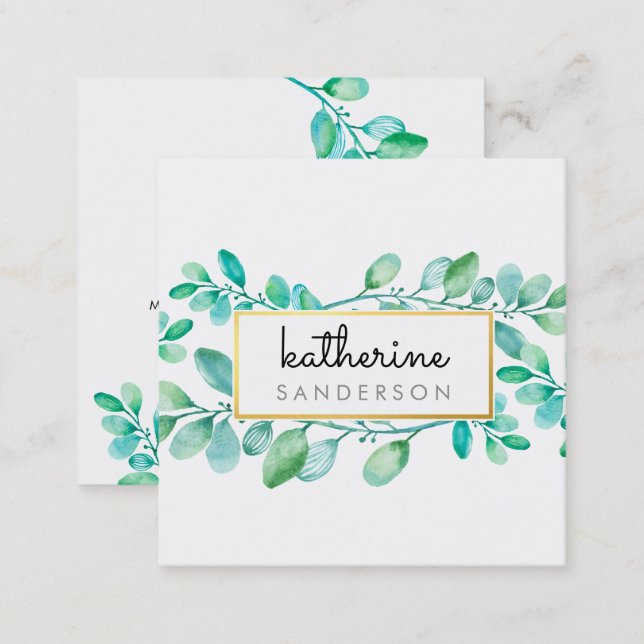 BOTANICAL NATURE modern watercolor painted leaves Square Business Card (Front/Back)