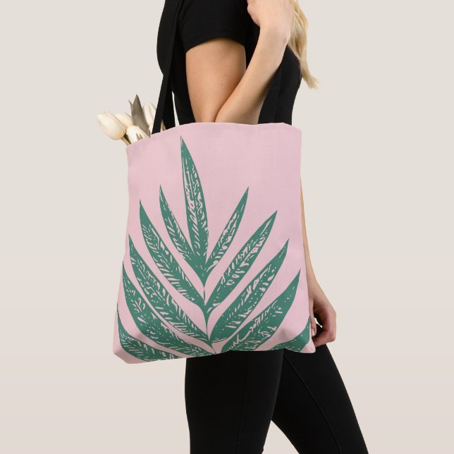 Botanical Nature Tropical Illustration Pink Green Tote Bag (Close Up)