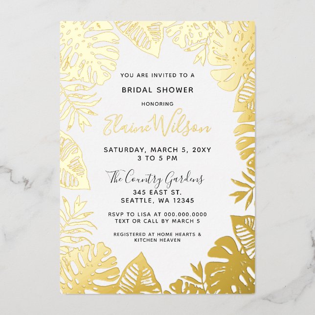 Botanical Nature Tropical Leaves Bridal Shower Foil Invitation (Front)