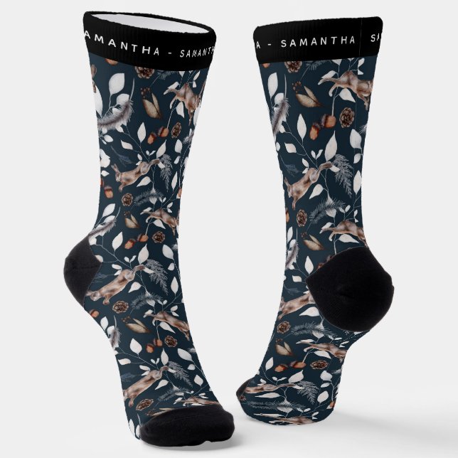 Botanical Nature Woodland Rabbit Personalized  Socks (Angled)