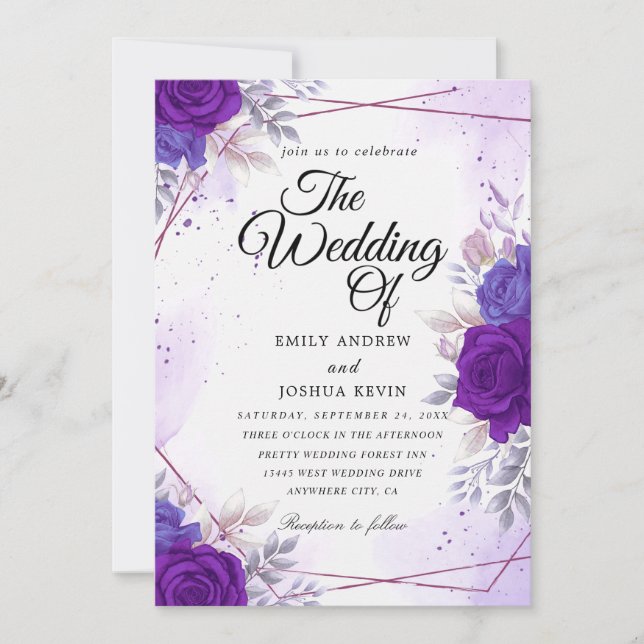 botanical navy and purple wedding invitations (Front)