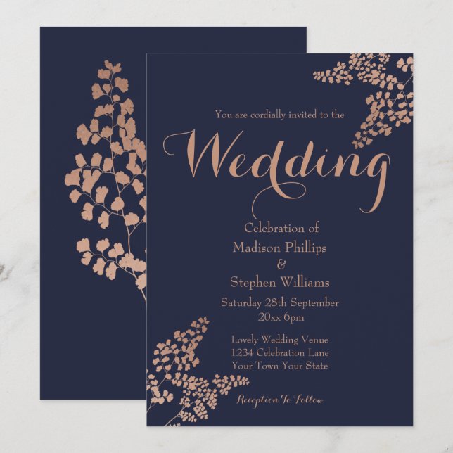 Botanical Navy Blue and  Rose Gold Wedding Invitation (Front/Back)