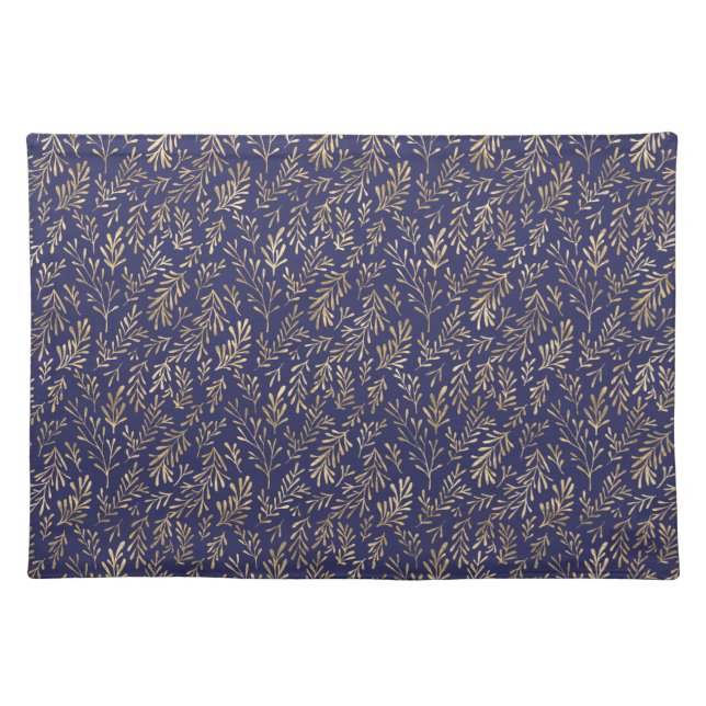 Botanical Navy Blue Faux Gold Foliage Pattern Cloth Placemat (Front)