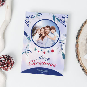 Botanical Navy Blue Floral Photo Frame Christmas Holiday Card