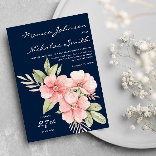 Botanical navy blue mint coral pink floral wedding invitation