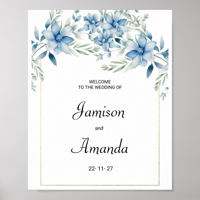 Botanical navy blue mint floral Welcome Poster (Front)