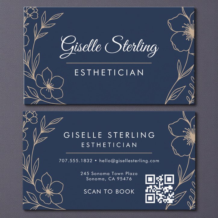 Botanical Navy Blue QR Code Esthetician Floral Business Card