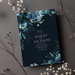 Botanical navy blue teal watercolor floral wedding invitation