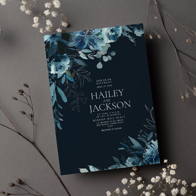 Botanical navy blue teal watercolor floral wedding invitation (Botanical navy blue teal watercolor floral wedding invitation )