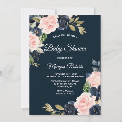 Botanical Navy  Blush Floral Neutral Baby Shower Invitation