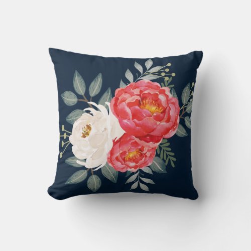Botanical Navy Red  Ivory Floral Throw Pillow