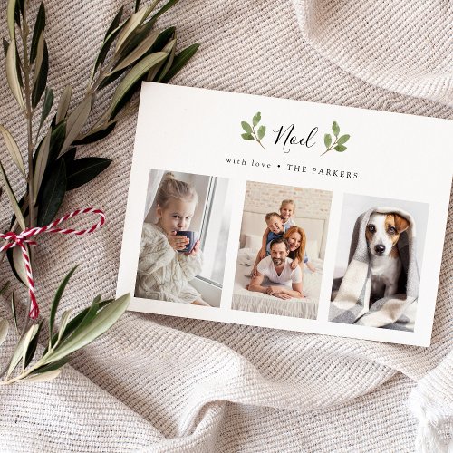 Botanical Noel  Three Photo Minimalist Christmas Holiday Card