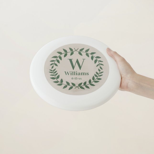 Botanical Off White and Green Wedding Monogram Wham-O Frisbee (In Hand)