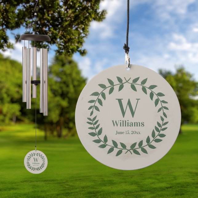 Botanical Off White and Green Wedding Monogram Wind Chime (Outdoor)