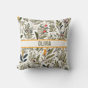 Botanical Olive and Herbs Minimal Elegant Throw Pillow